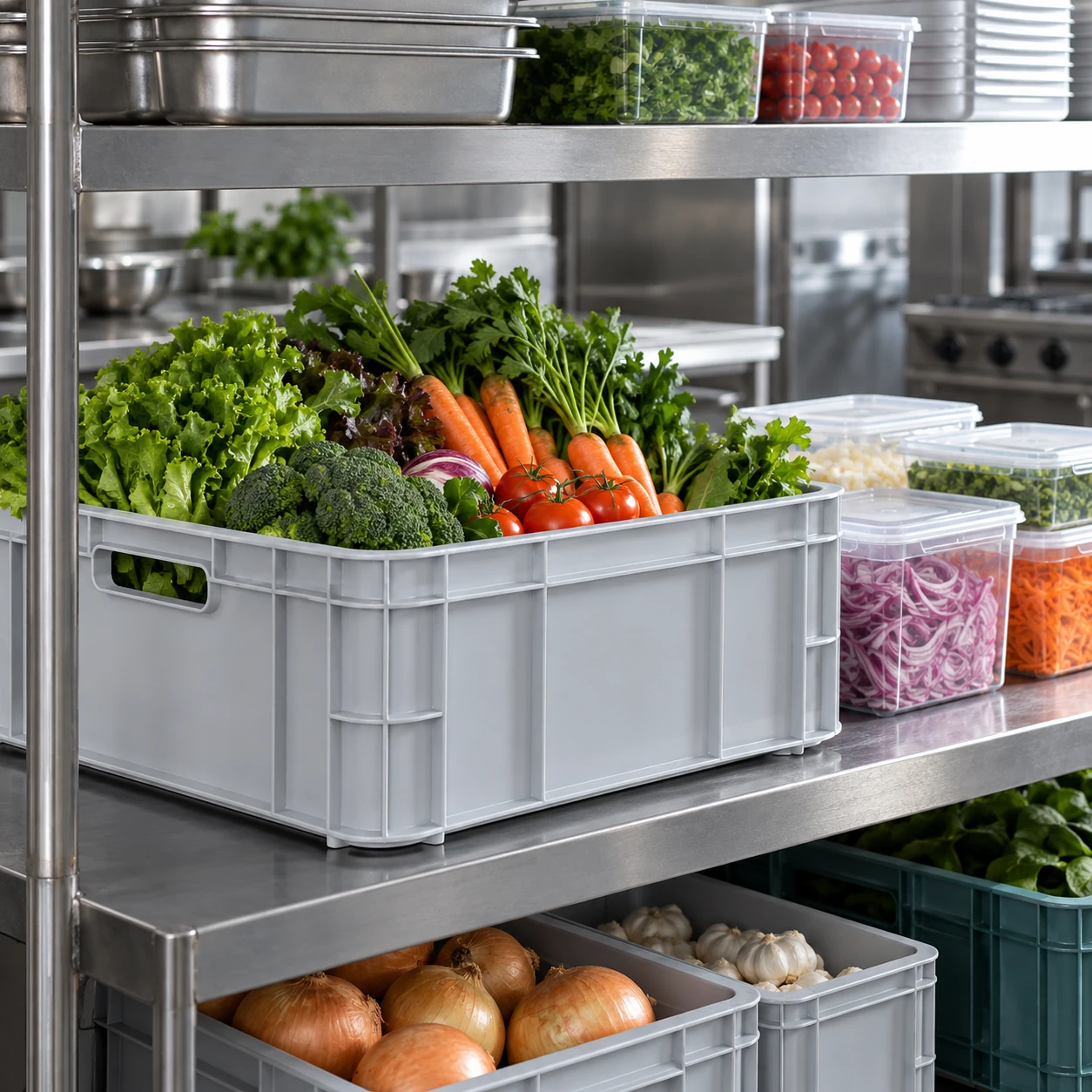 Caixa monobloco com alimentos em cozinha profissional - Caixa monobloco - Rio de Janeiro // Copos de Vidros RJ
