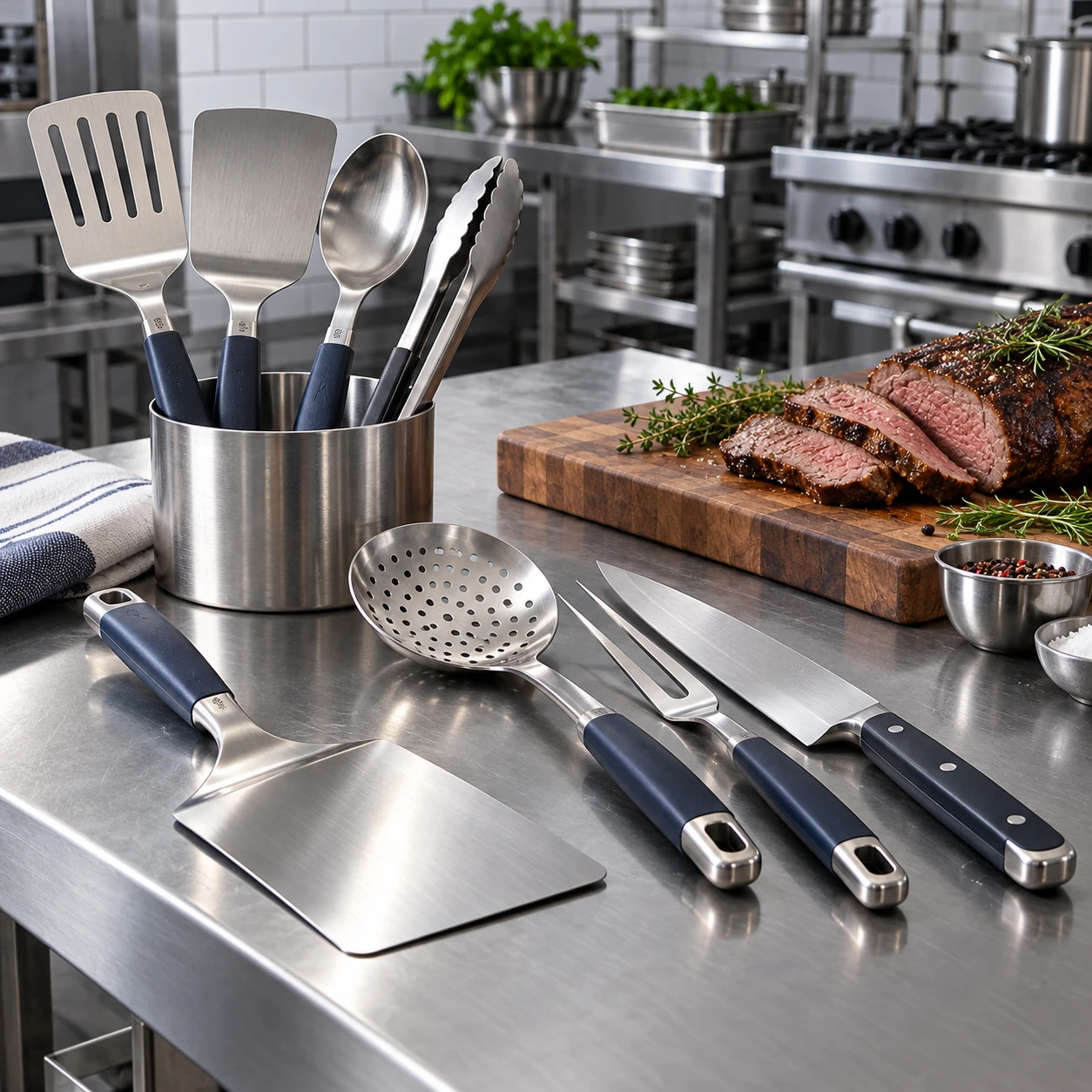 Utensílios de cutelaria em bancada de cozinha profissional - Cutelaria - Rio de Janeiro // Copos de Vidros RJ