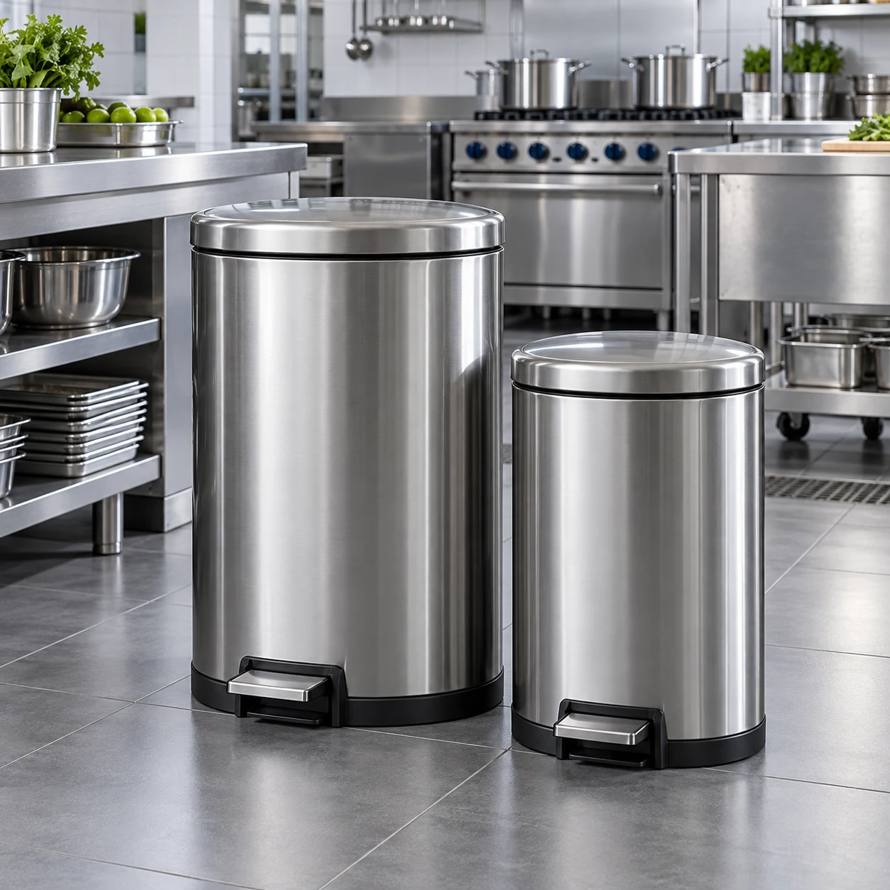 Lixeiras de inox com pedal em cozinha profissional - Lixeiras inox - Rio de Janeiro // Copos de Vidros RJ