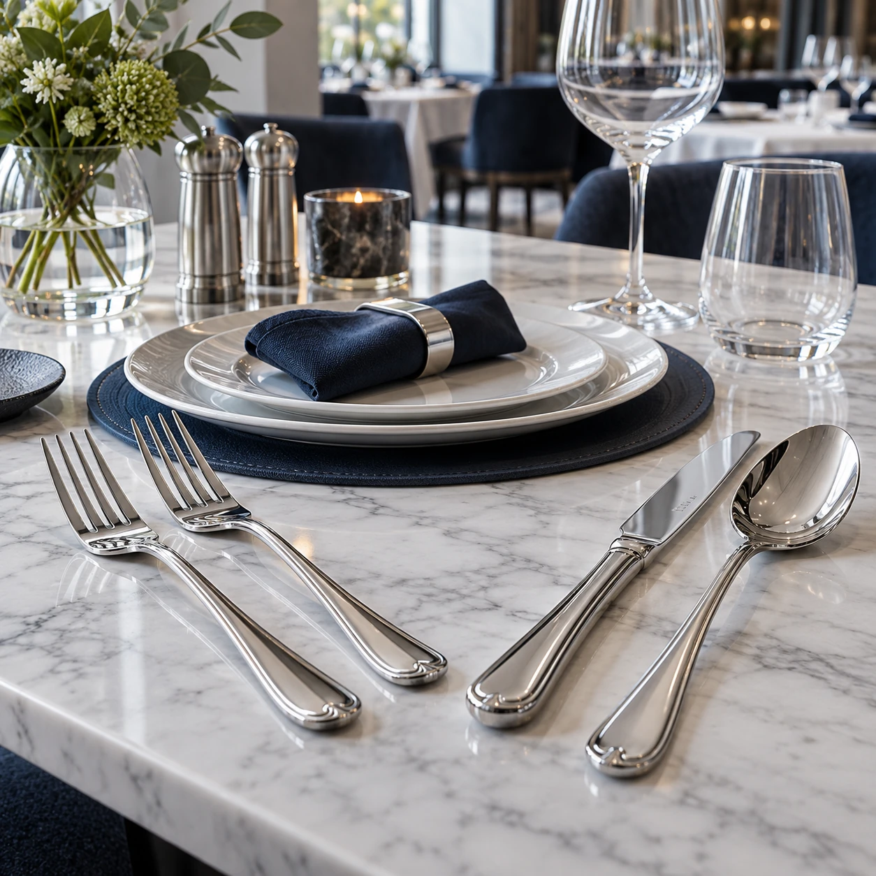 Talheres de inox em mesa de restaurante - Talheres - Rio de Janeiro // Copos de Vidros RJ